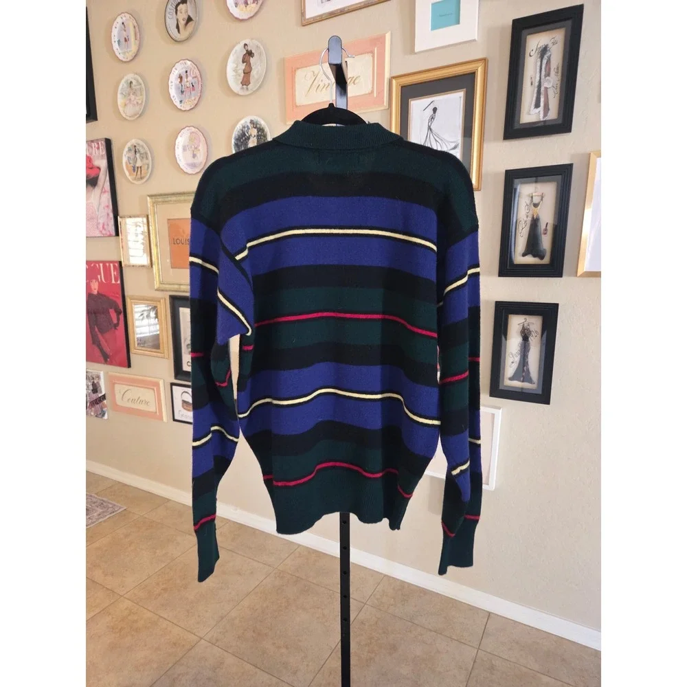 Polo Ralph Lauren Vintage 90s Striped Lambswool Polo‎ Sweater Blue Green